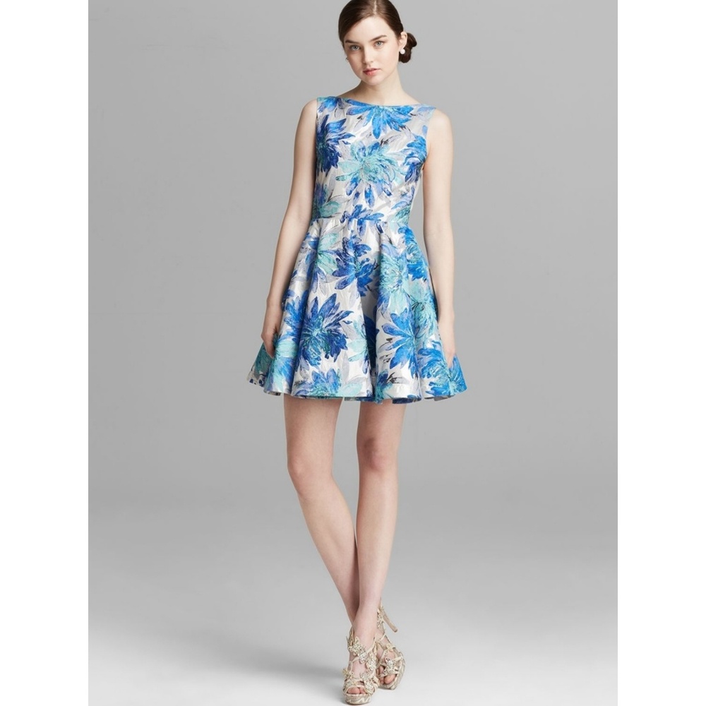 ALICE OLIVIA Blue Floral Metallic Jacquard Dress